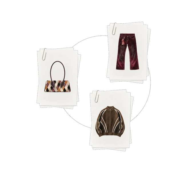 Ilustración animada de una cartera, un jean y una campera conectados en círculo